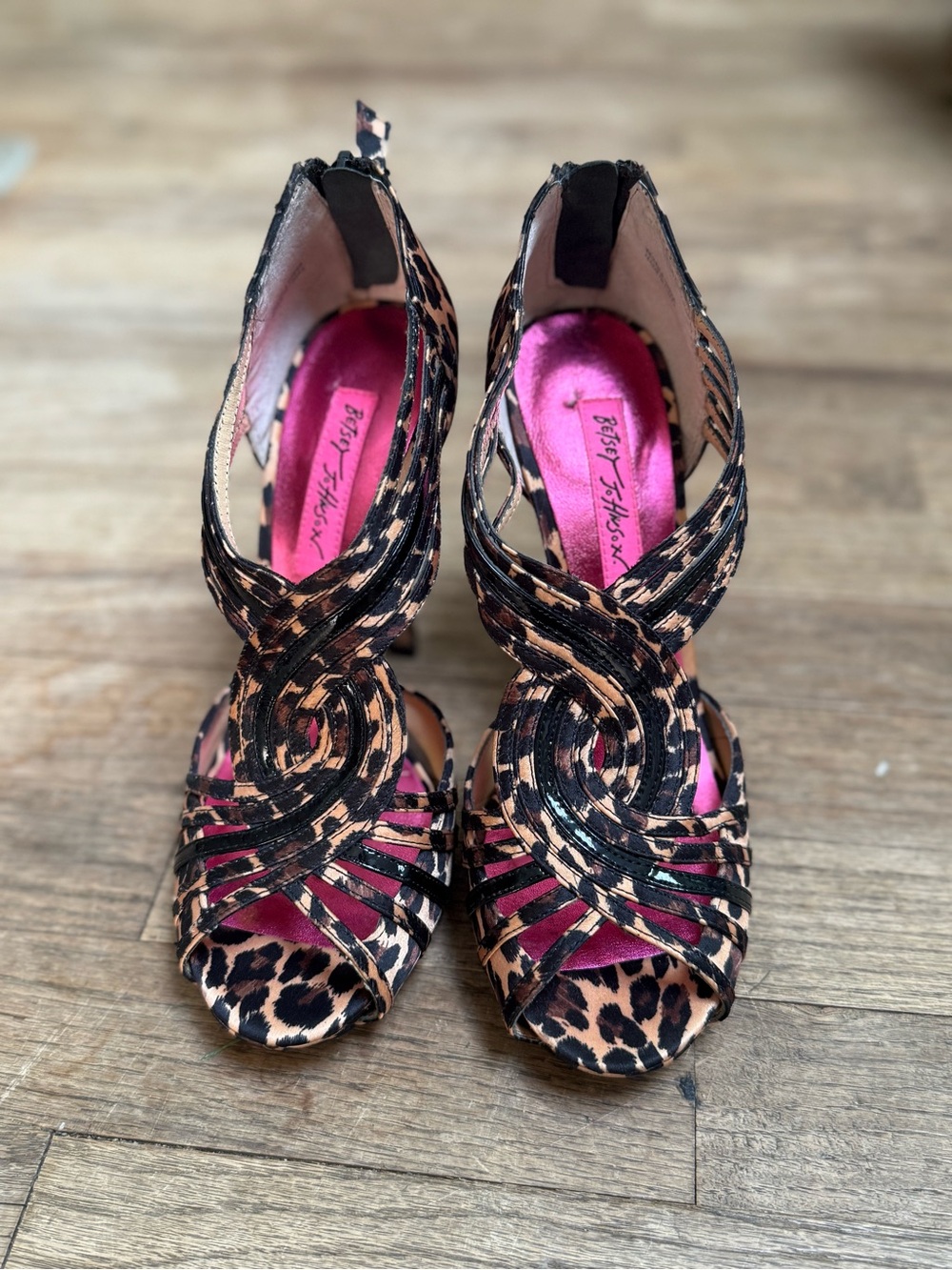 Betsey Johnson Leopard Print Strappy Open-Toe Heels with Pink Insole